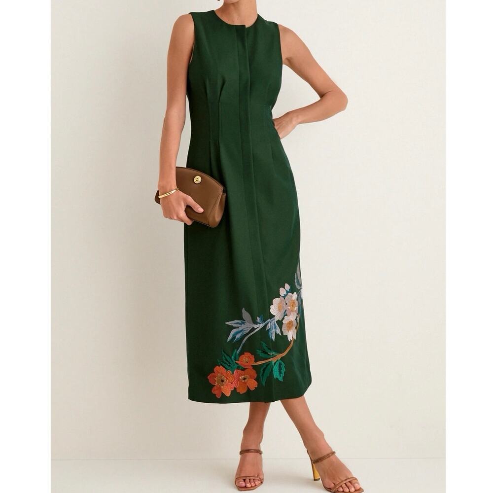 Tuckernuck Verdant Green Crepe Embroidered Floral Nell Midi Tank Dress XL Office